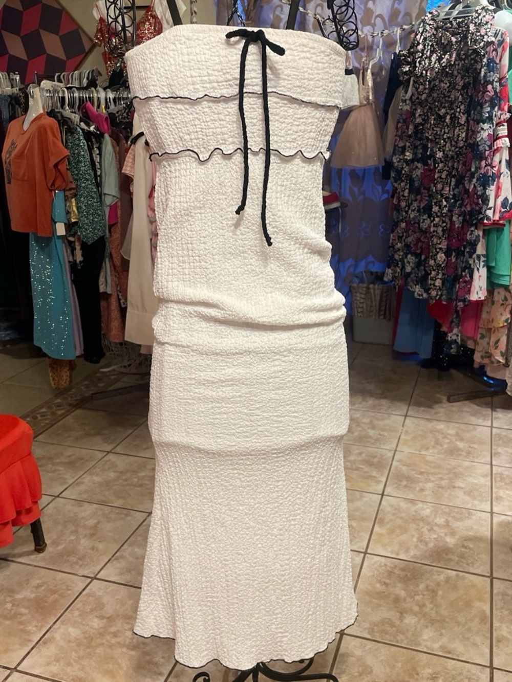 See You Monday Strapless Textured Midi Dress with Black Tie